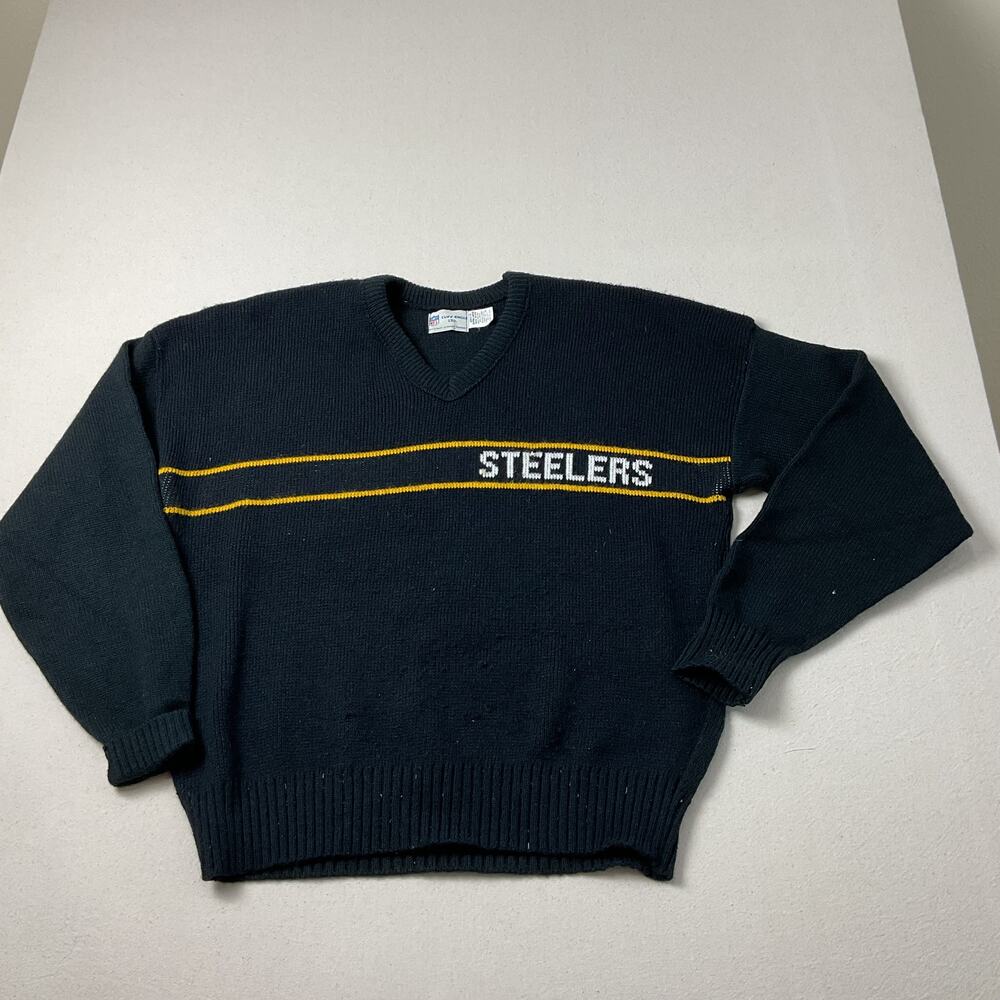 Vintage Cliff Engle NFL Adult XL Black Steelers Long Sleeve Sweater Made in USA
